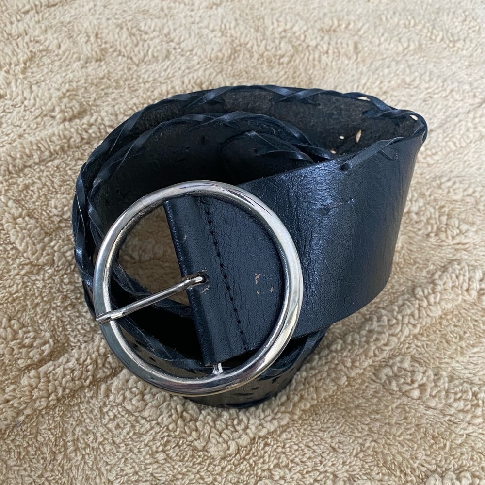 🍀VTG Genuine Leather Black Braided Belt with Silver Buckle